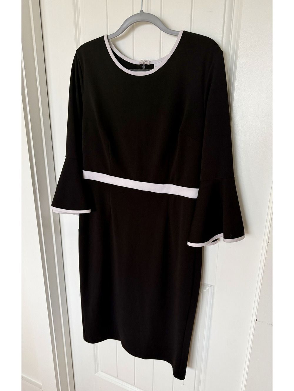 New York & Company Black Stretch Dress with White Trim and Bell Sleeves - Size L